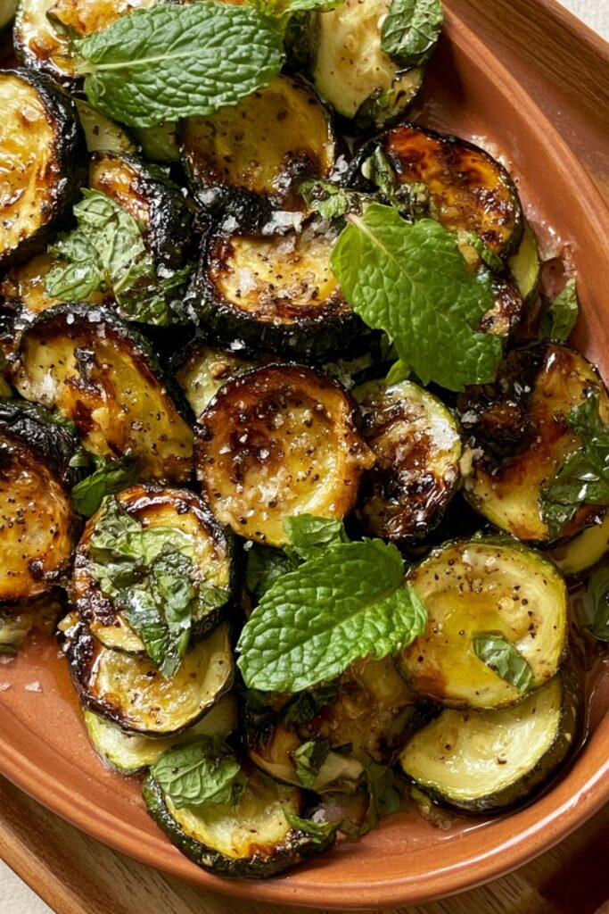 Caramelized zucchini rounds marinated in vinegar, garlic, and fresh mint leaves.