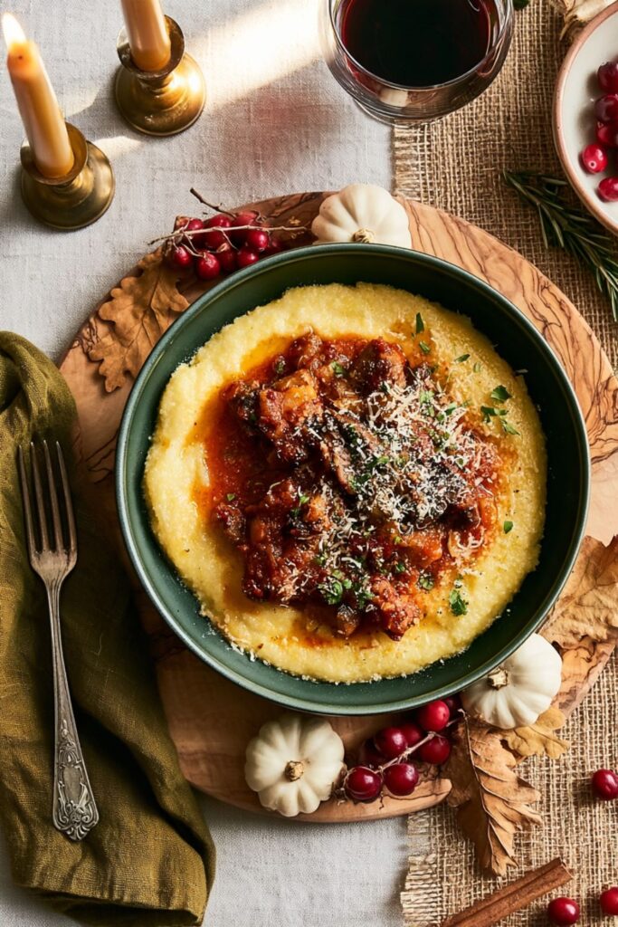 Savory mushroom ragu served over warm creamy polenta in a green bowl.