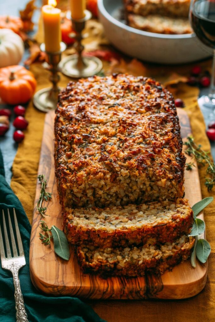 A sliced savory nut loaf with brown rice and mushrooms on a cutting board.