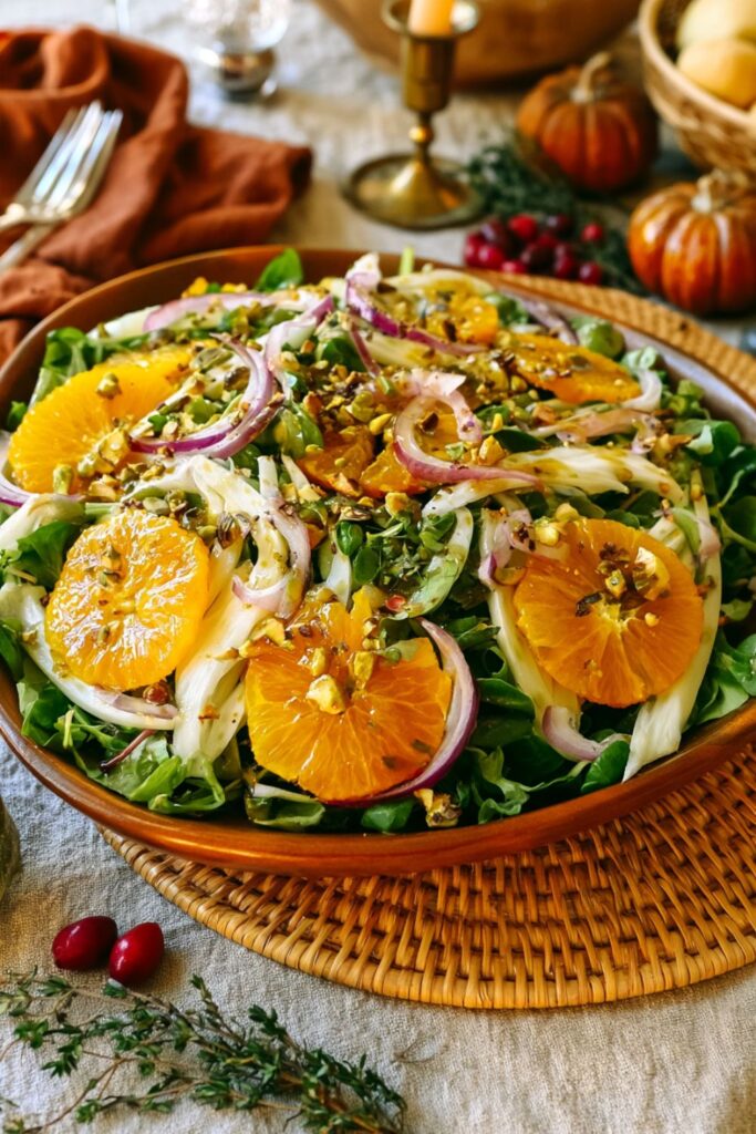 Orange and fennel salad topped with red onion slices and chopped pistachios.