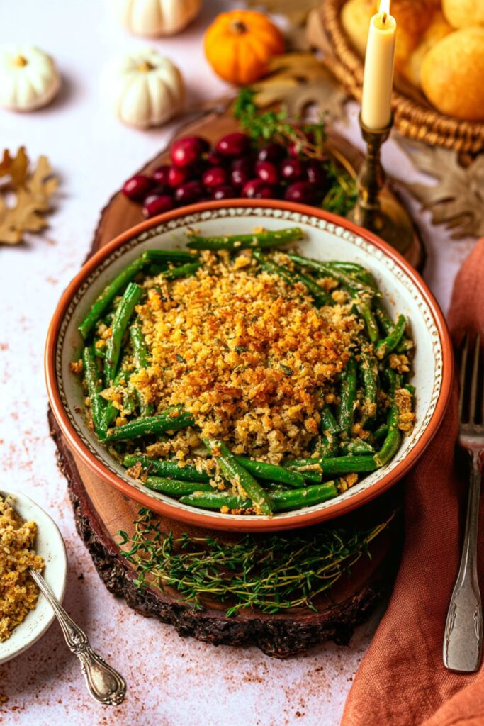 Sautéed green beans tossed in garlic butter and topped with crispy parmesan breadcrumbs.