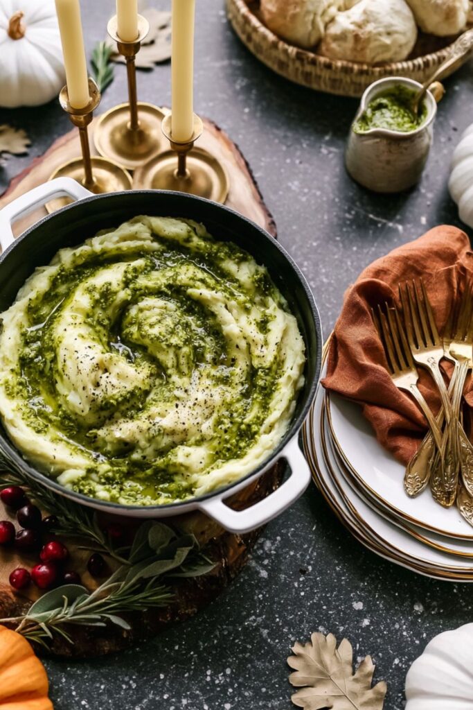 Fluffy mashed potatoes swirled with vibrant green basil pesto in a pot.