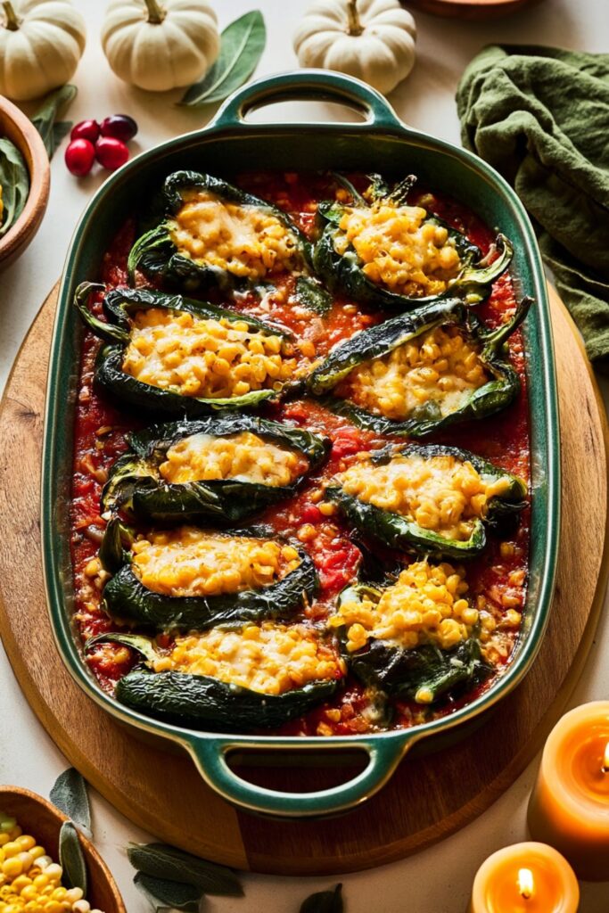 Roasted poblano peppers filled with sweet corn and melted cheese resting in tomato sauce.