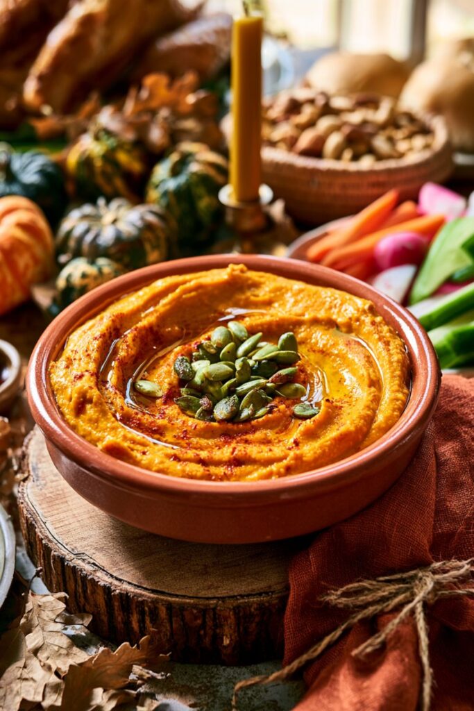 Smooth orange pumpkin hummus topped with seeds and olive oil in a bowl.