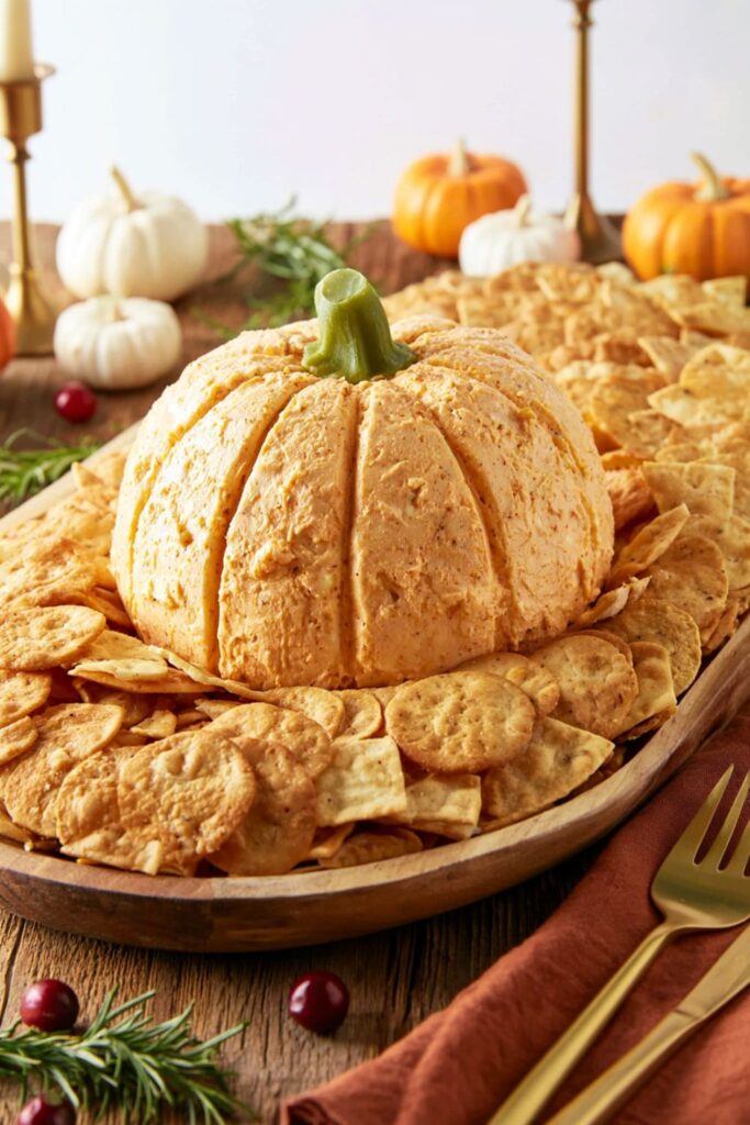 Pumpkin-shaped cheese ball decorated with a bell pepper stem and surrounded by multigrain crackers.