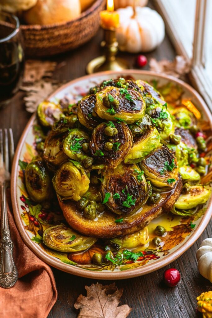 Caramelized brussels sprouts with capers and lemon served over buttery toasted bread.