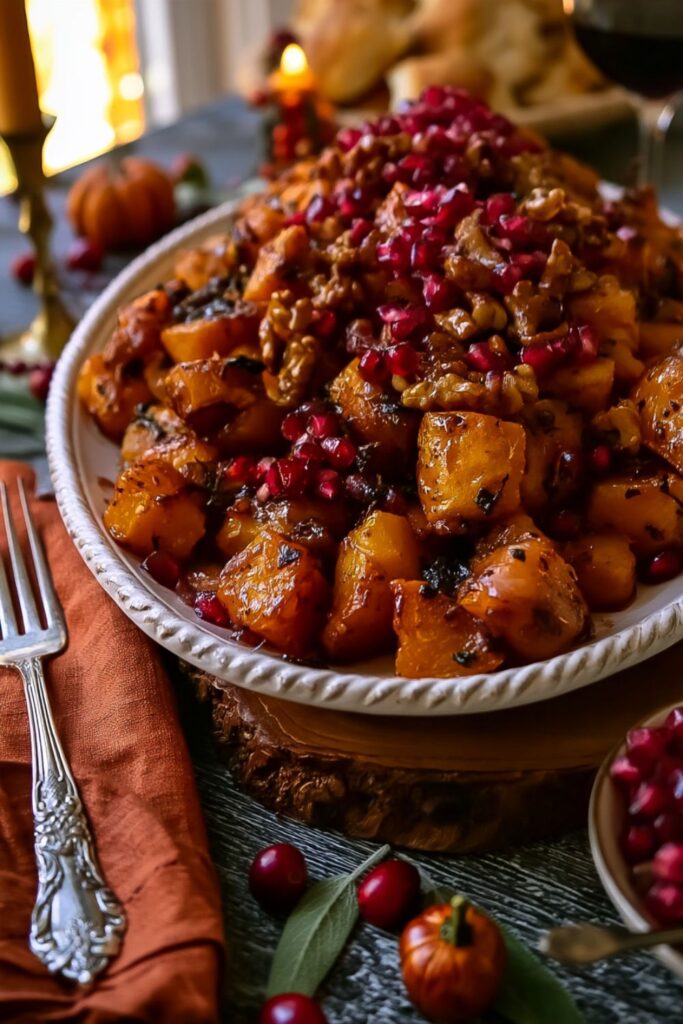Roasted butternut squash tossed with walnuts, pomegranate seeds, and balsamic dressing.