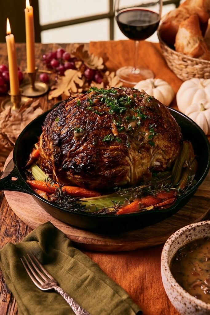 A whole roasted cabbage head nestled on root vegetables in a skillet.