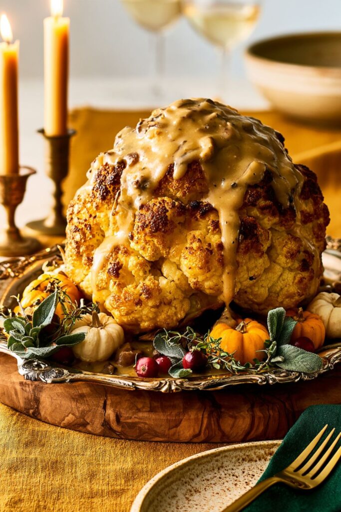 A whole roasted cauliflower head drenched in rich mushroom gravy on a platter.