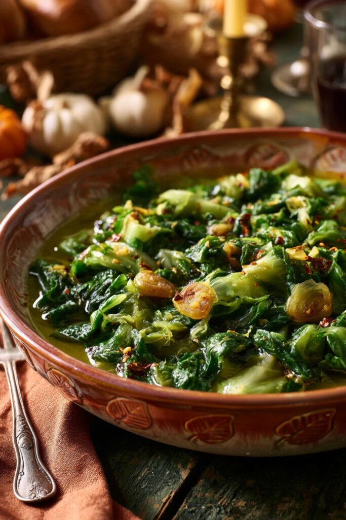 Sautéed escarole greens tossed with garlic slices and chili flakes in a bowl.