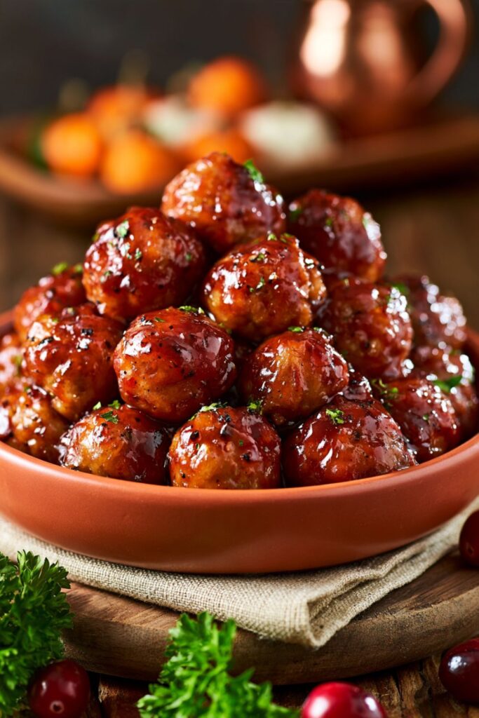 Glossy barbecue and cranberry-glazed meatballs piled high in a rustic serving bowl.
