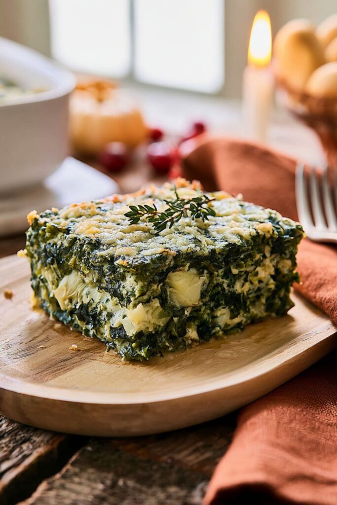 Baked spinach and artichoke casserole slice on a wooden plate.