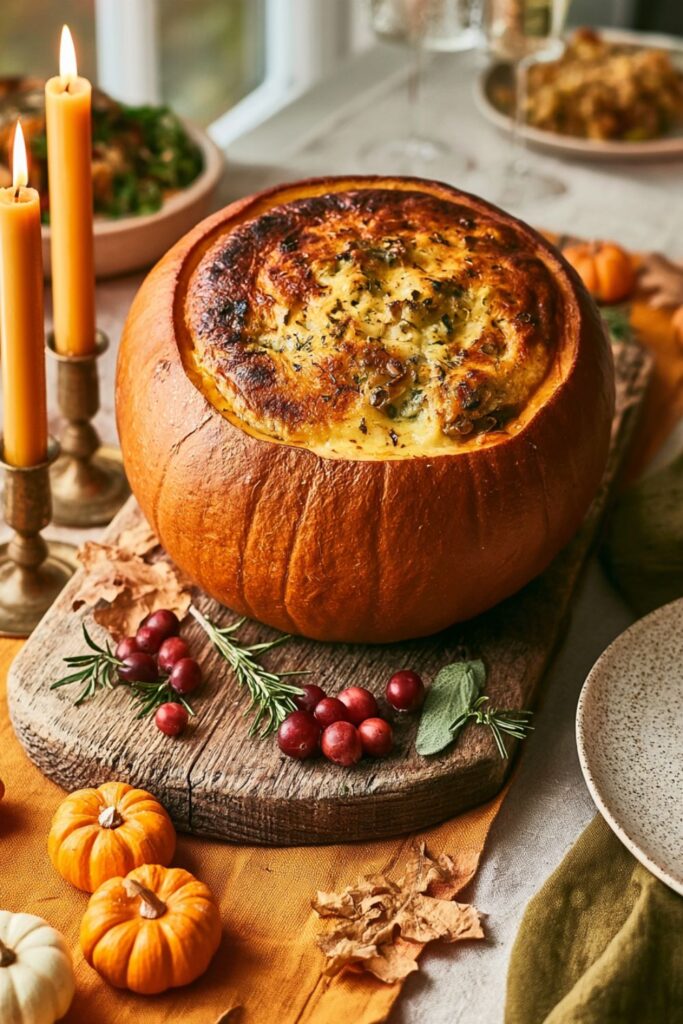 A baked stuffed pumpkin filled with cheesy cornbread and herbs on a cutting board.