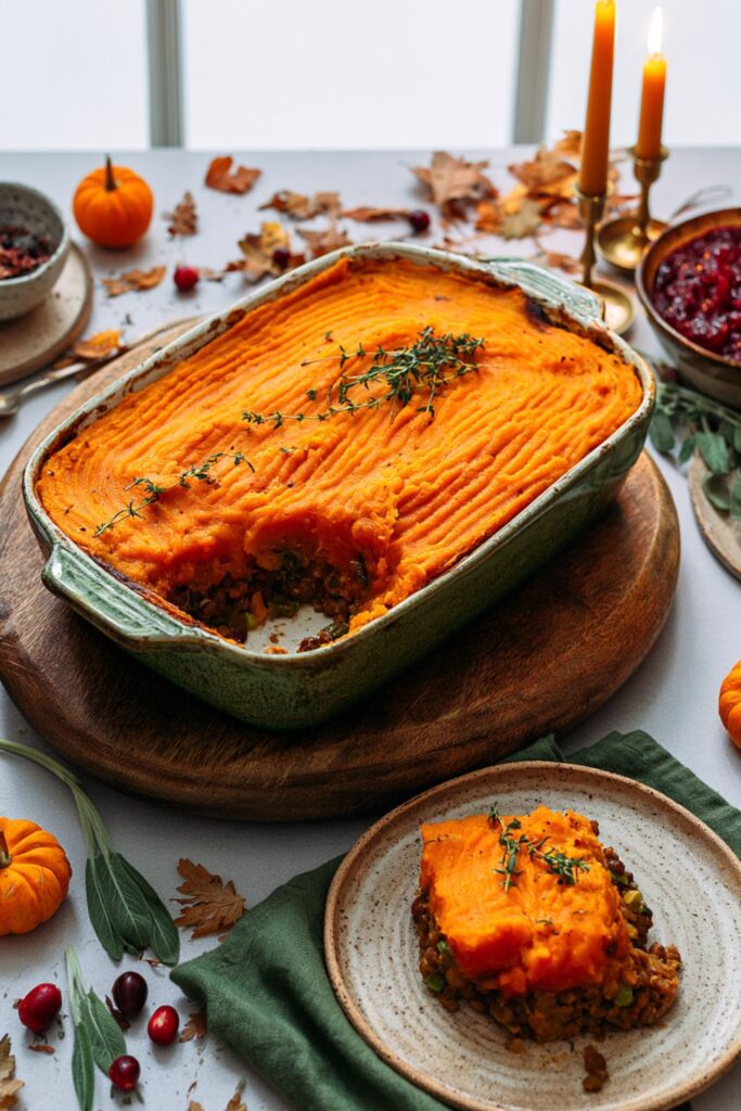 A baked sweet potato lentil shepherd pie served on a plate with fresh thyme.