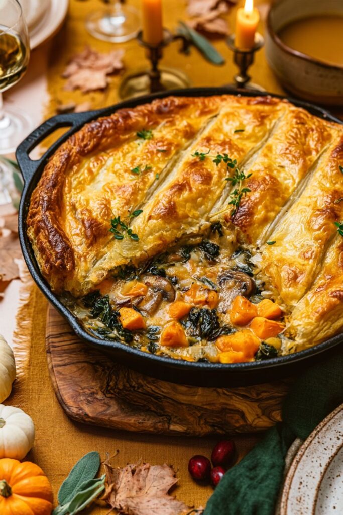A golden puff pastry pot pie filled with sweet potatoes, mushrooms, and kale in a skillet.