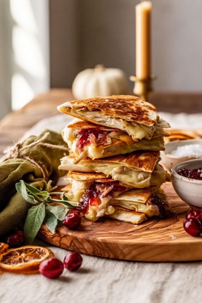 Stacked cheese and cranberry quesadilla quarters filled with shredded turkey and sage.