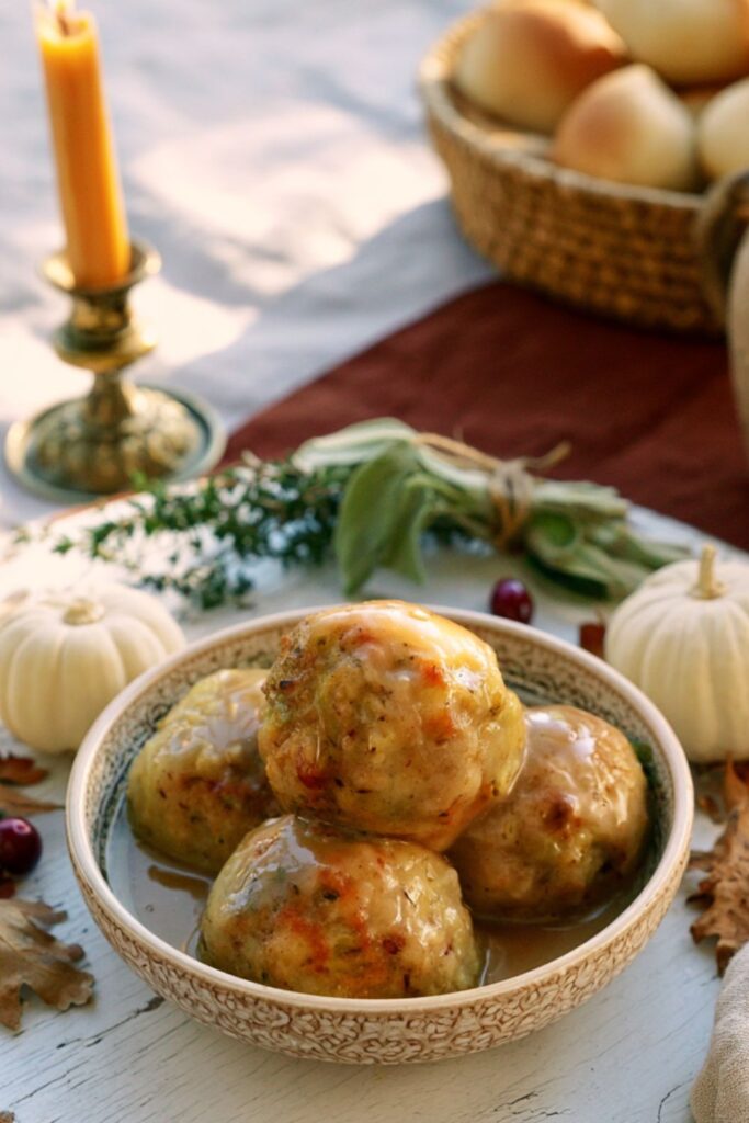 A bowl of baked potato and stuffing spheres smothered in rich turkey gravy.