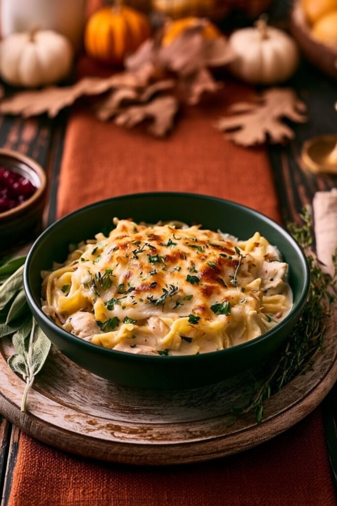 Green bowl filled with cheesy baked linguine pasta and turkey on wooden table.