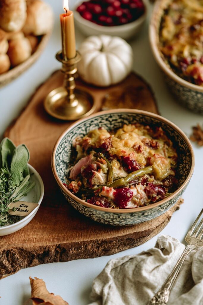 Bowl of layered casserole featuring turkey, stuffing, green beans, and cranberry sauce.