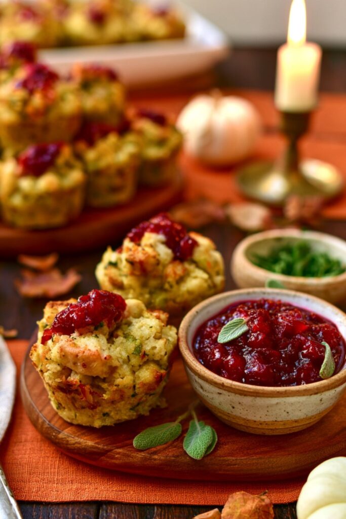 Savory stuffing and turkey muffins topped with cranberry sauce on a wooden board.
