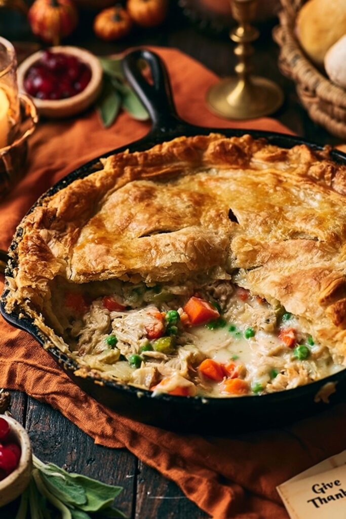 Golden flaky pie crust baked in a black skillet with creamy turkey filling.