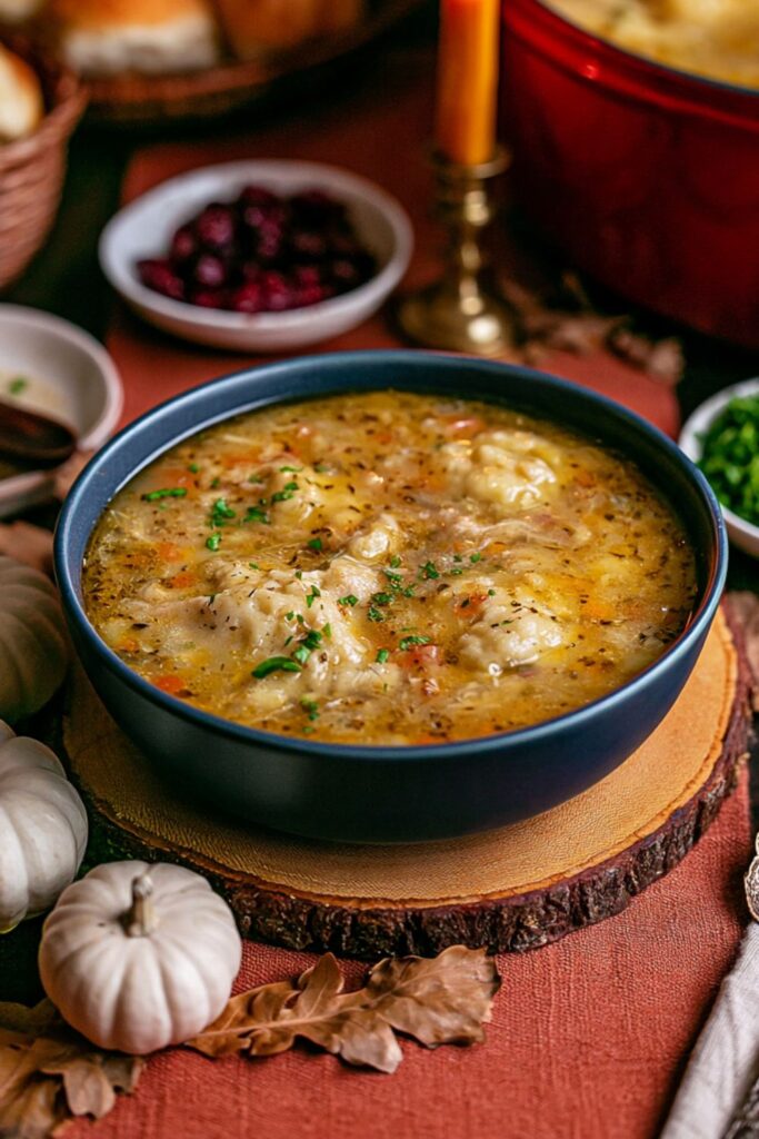 Bowl of warm turkey soup filled with savory stuffing dumplings and vegetables.