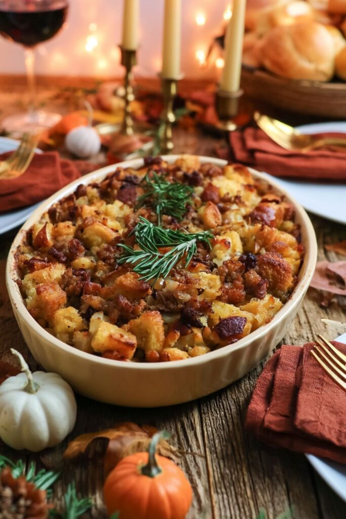 Baked golden ciabatta stuffing with sausage and chestnuts in a ceramic dish.