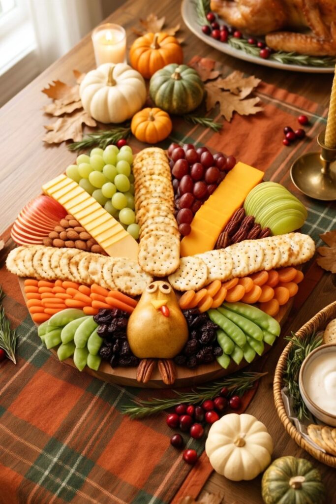 A pear and cracker turkey board fanned out with colorful fruits, nuts, and veggies.