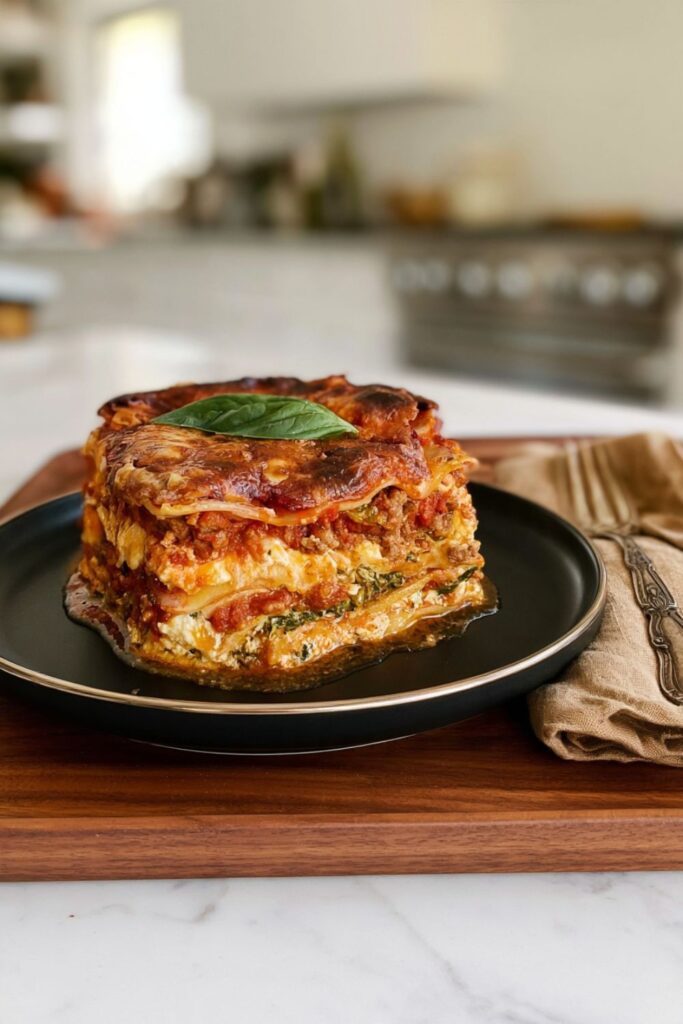 A baked slice of layered zucchini parmigiana topped with melted mozzarella and fresh basil.