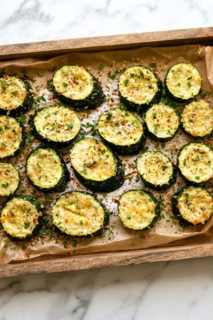 Angled zucchini rounds roasted with parmesan cheese and chili flakes on parchment paper.
