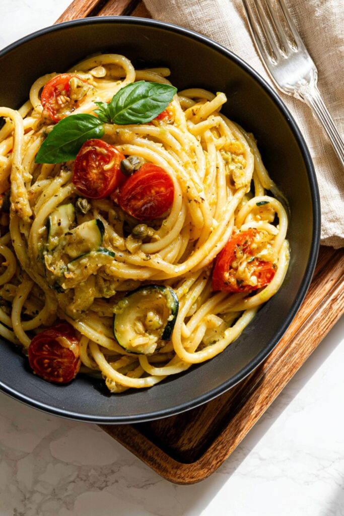 Bucatini pasta tossed with grated zucchini sauce, cherry tomatoes, capers, and fresh basil.