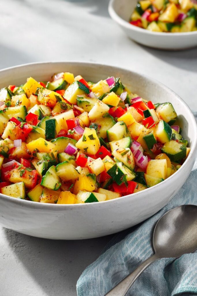 Diced zucchini, yellow squash, apples, and red onion mixed in a bowl.