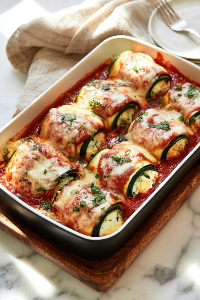 Grilled zucchini slices rolled around ricotta filling, baked in marinara sauce with melted mozzarella.