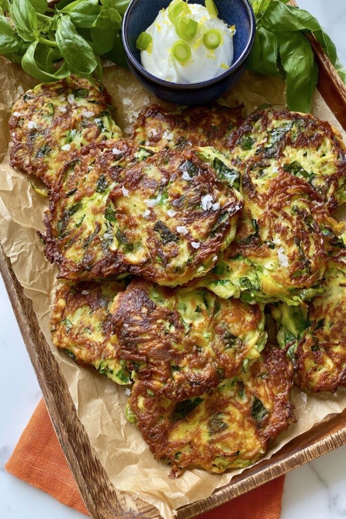 Crispy golden zucchini fritters stacked on parchment paper with a bowl of sour cream.