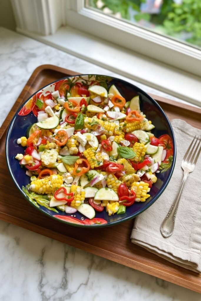 Fresh corn and thin zucchini half-moons tossed with mini peppers and cheese.