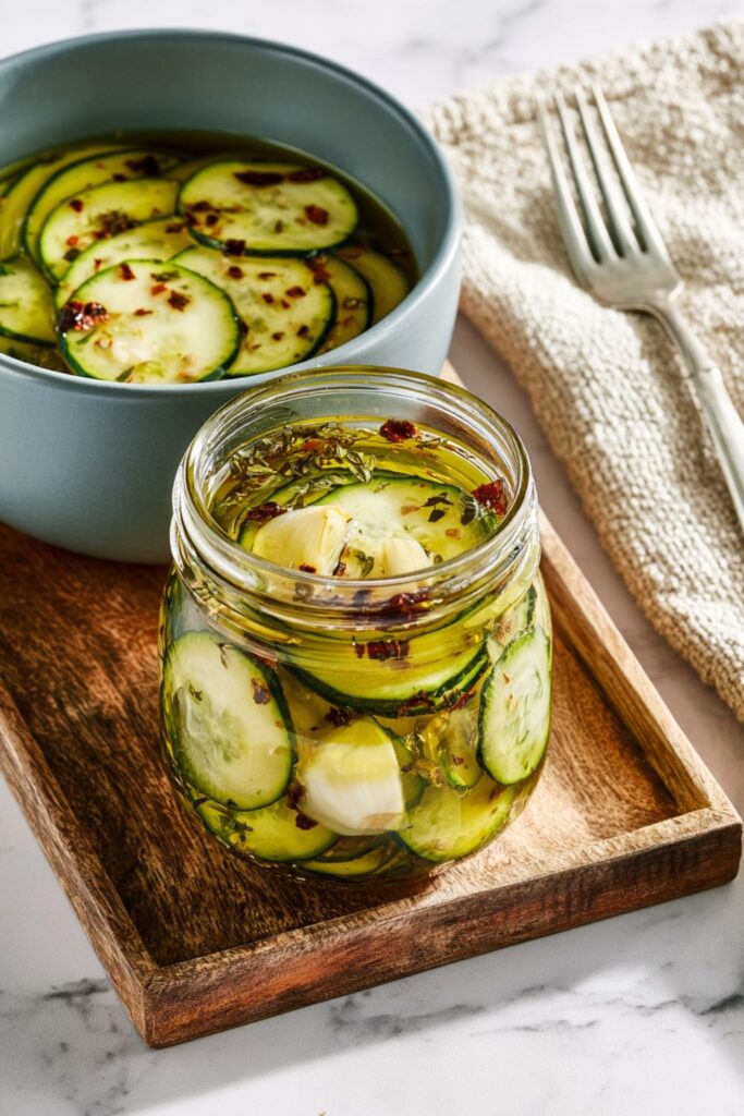 Thinly sliced zucchini marinating in oil, vinegar, garlic, and red pepper flakes inside a jar.