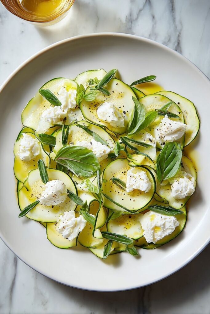 Thinly sliced raw zucchini topped with creamy burrata pieces, fresh basil, and lemon zest.