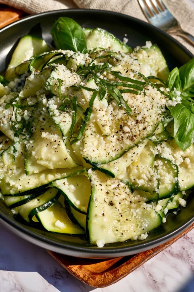 Thinly sliced raw zucchini ribbons tossed with lemon juice, parmesan cheese, and fresh basil.