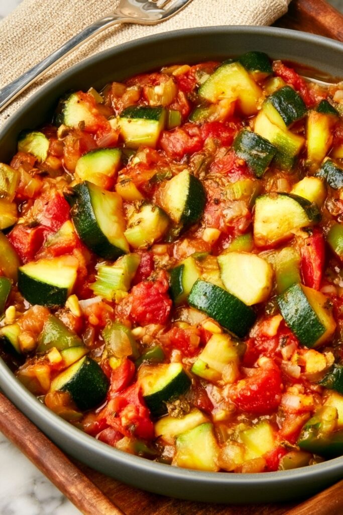 Quarter-chopped zucchini stewed with diced tomatoes, bell peppers, onions, and garlic in a skillet.