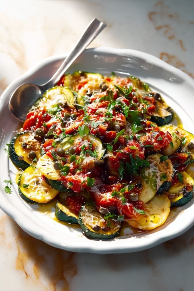 Seared zucchini rounds topped with a tomato caper vinaigrette and parmesan cheese.